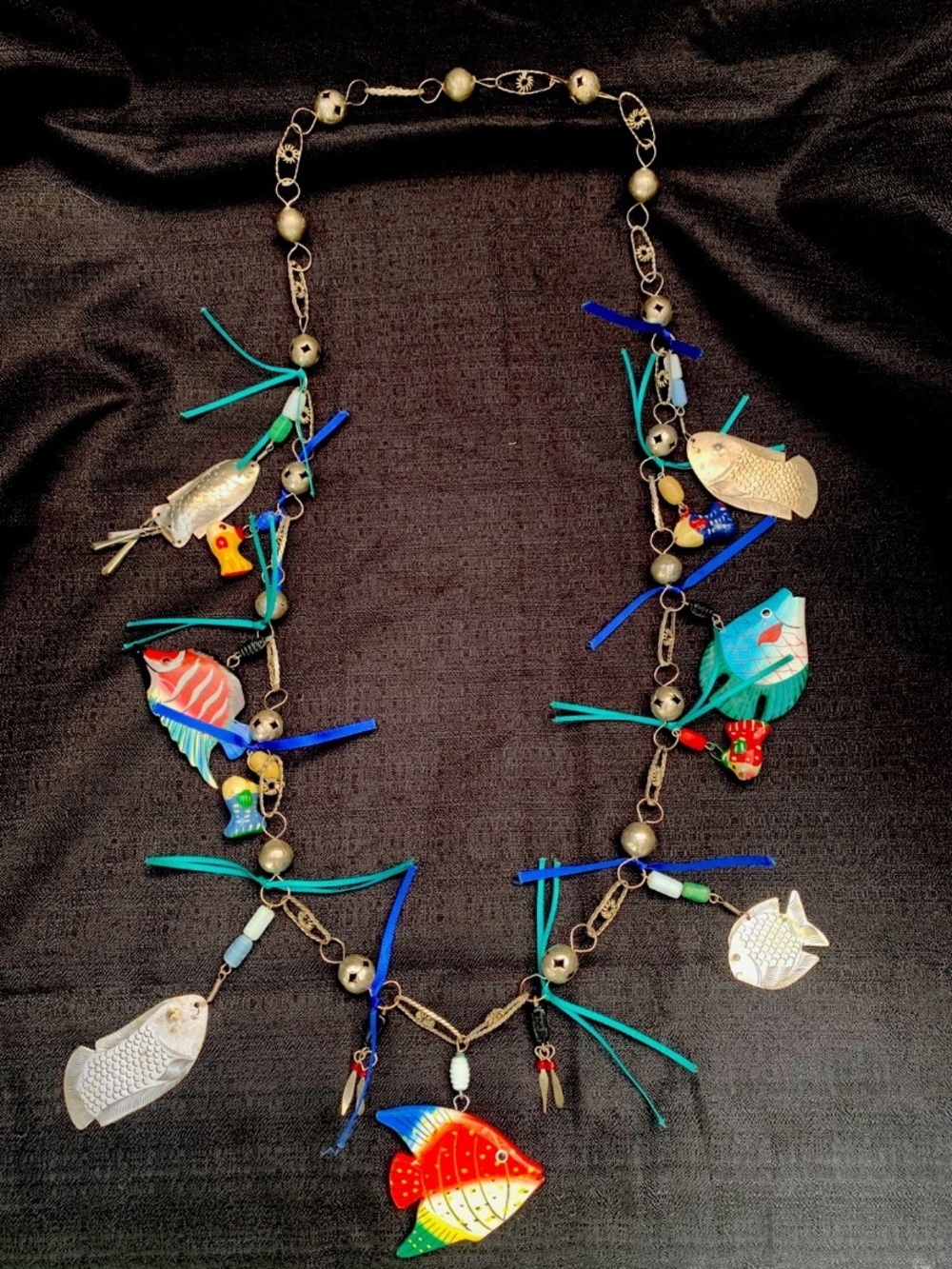 Vintage Mexican Wedding Necklace 34” Handcrafted Fish and Ribbons